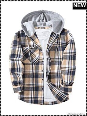 Men's Flannel Hoodie Shirt Button Down Long Sleeve Plaid Casual
